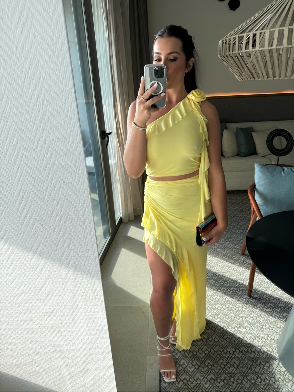 AFRM Yellow One-Shoulder Ruffle Crop Top & High-Slit Skirt Set